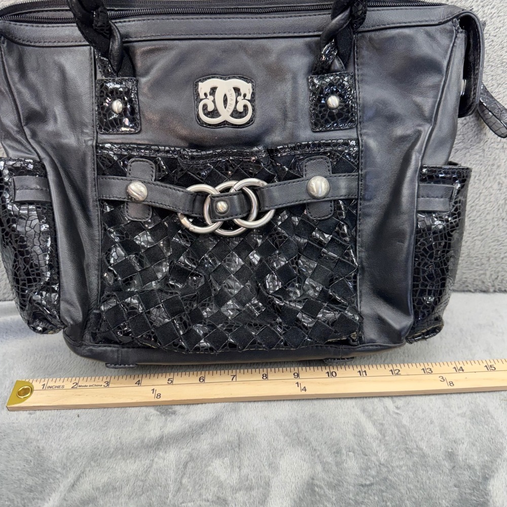 Sharif Leather Tote Bag Womens Medium Black Excellent Woven Croc Embossed Trim - Picture 5 of 13